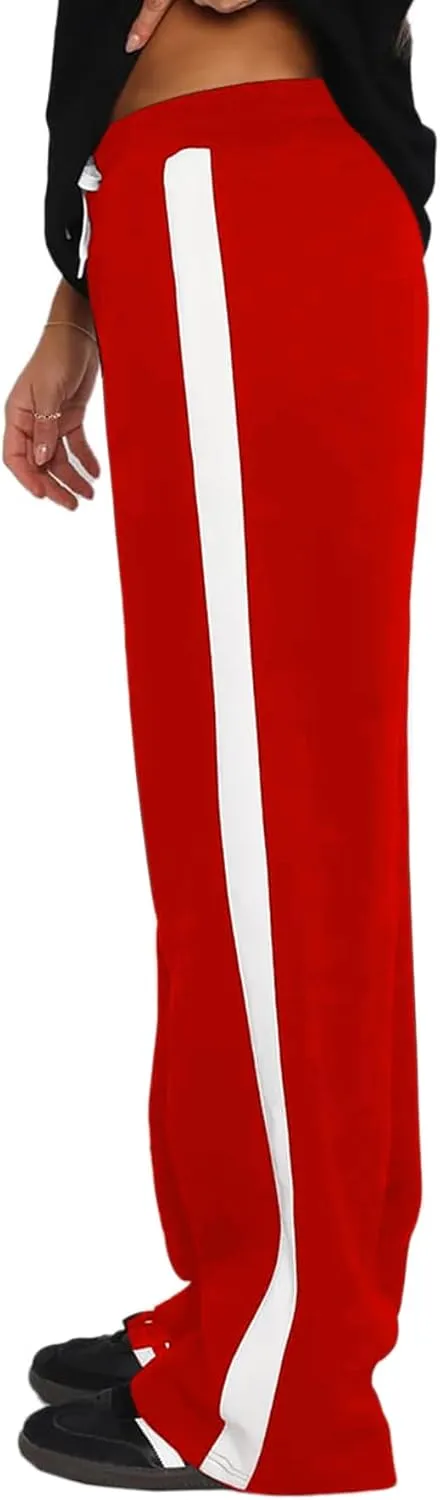 SOFIA'S CHOICE Women's Drawstring Sweatpants Side Stripe Pants Wide Leg Track Pants with Pockets