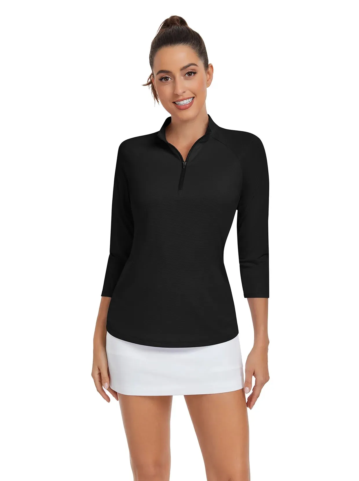 Solid Black Quarter-zip 3/4 Sleeve Shirt For Women