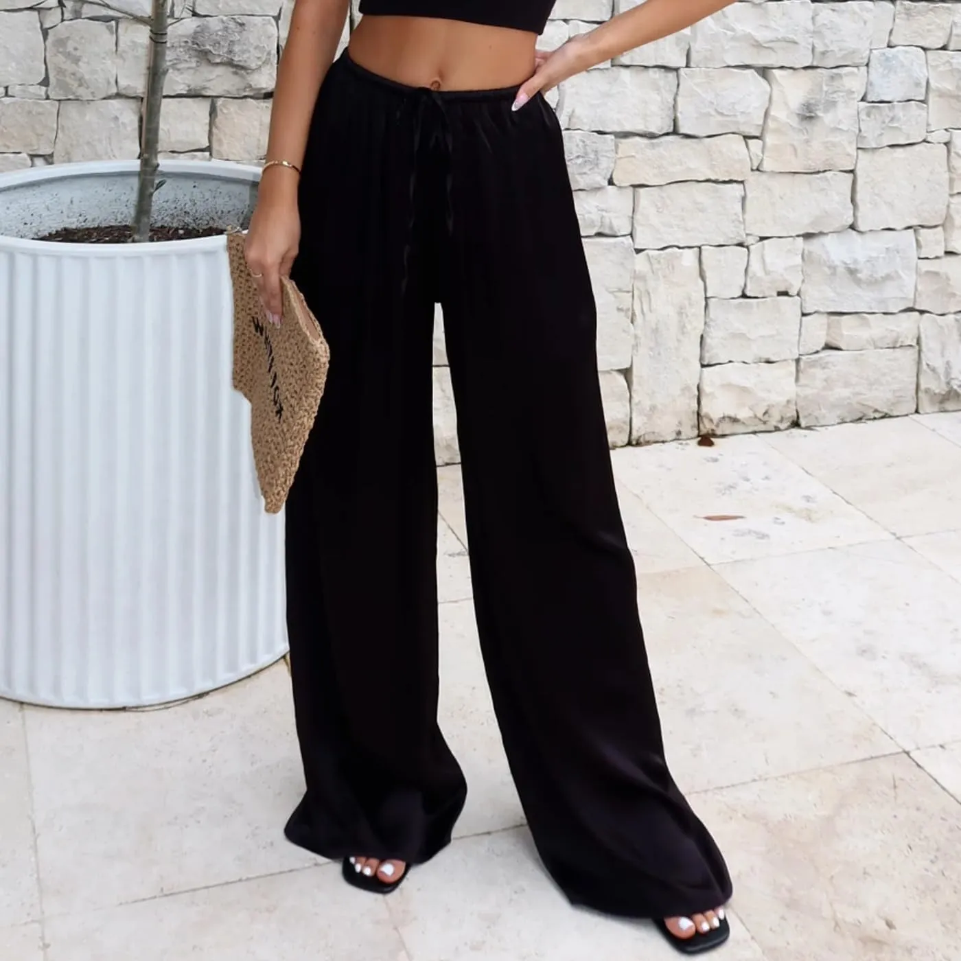 SOLILOQUY Women Y2K Satin Wide Leg Pants Casual Elastic High Waist Solid Loose Fit Lounge Pants Office Ladies Work Trousers