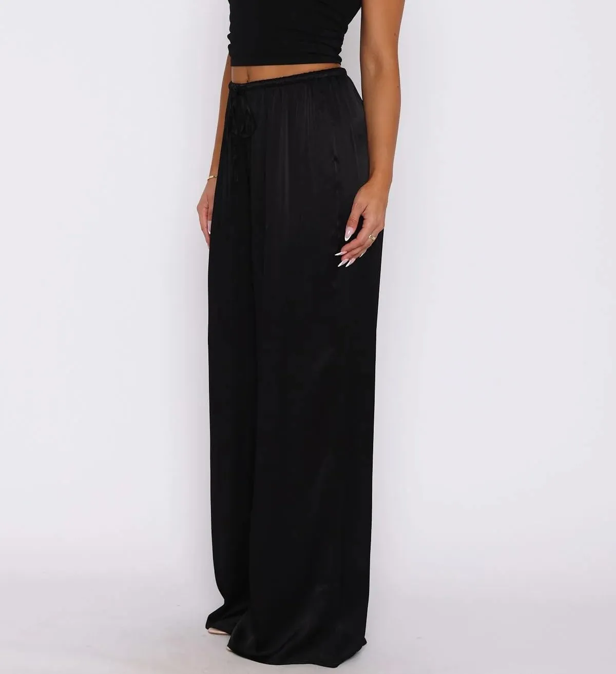 SOLILOQUY Women Y2K Satin Wide Leg Pants Casual Elastic High Waist Solid Loose Fit Lounge Pants Office Ladies Work Trousers