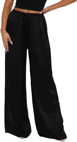 SOLILOQUY Women Y2K Satin Wide Leg Pants Casual Elastic High Waist Solid Loose Fit Lounge Pants Office Ladies Work Trousers
