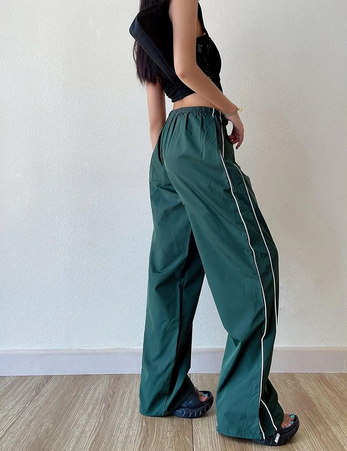 Springrain Womens Wide Leg Track Pants Slouchy Stripe Detail Jogger Sweatpants with Pockets
