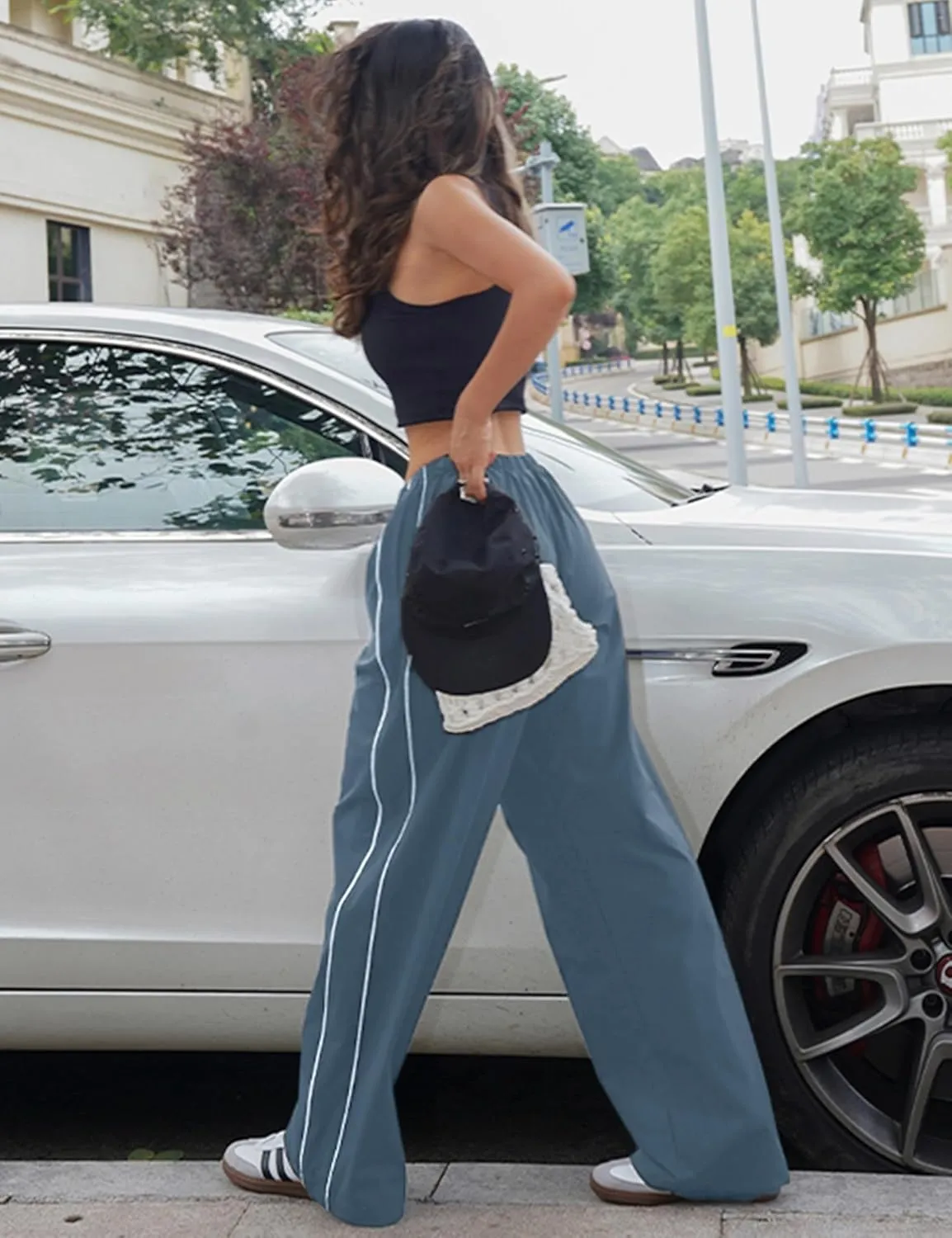 Springrain Womens Wide Leg Track Pants Slouchy Stripe Detail Jogger Sweatpants with Pockets
