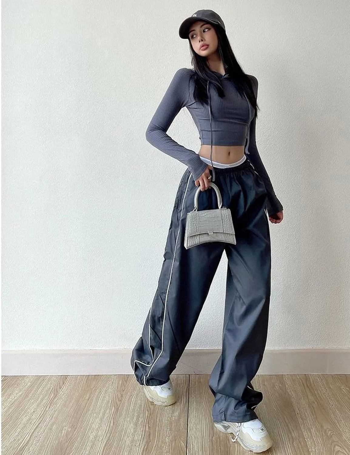 Springrain Womens Wide Leg Track Pants Slouchy Stripe Detail Jogger Sweatpants with Pockets