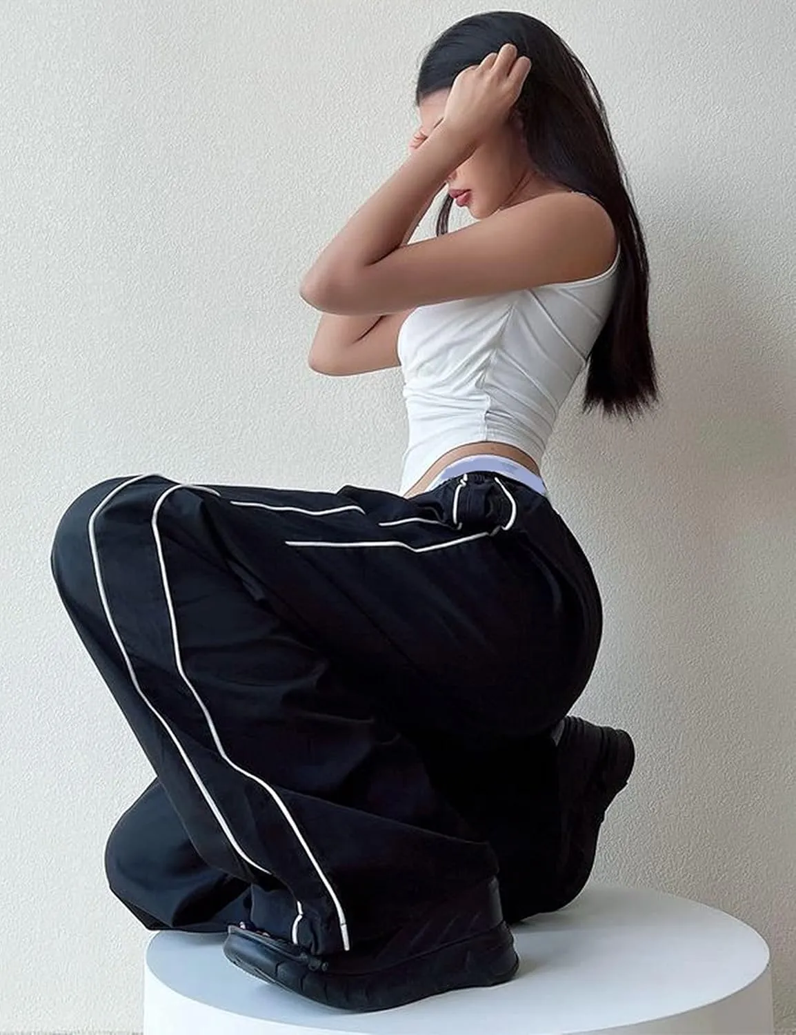 Springrain Womens Wide Leg Track Pants Slouchy Stripe Detail Jogger Sweatpants with Pockets