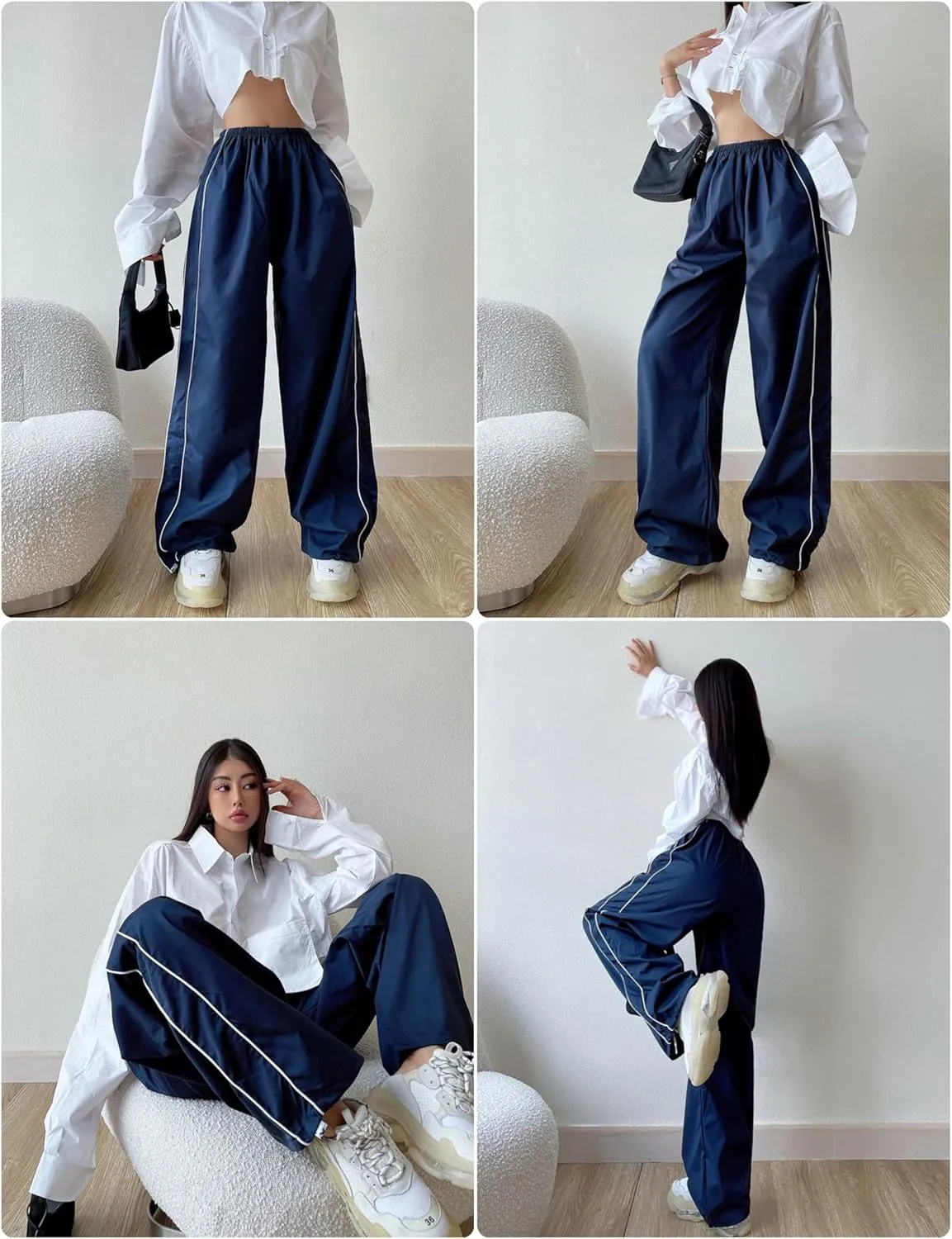 Springrain Womens Wide Leg Track Pants Slouchy Stripe Detail Jogger Sweatpants with Pockets