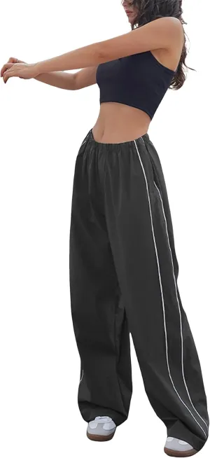 Springrain Womens Wide Leg Track Pants Slouchy Stripe Detail Jogger Sweatpants with Pockets
