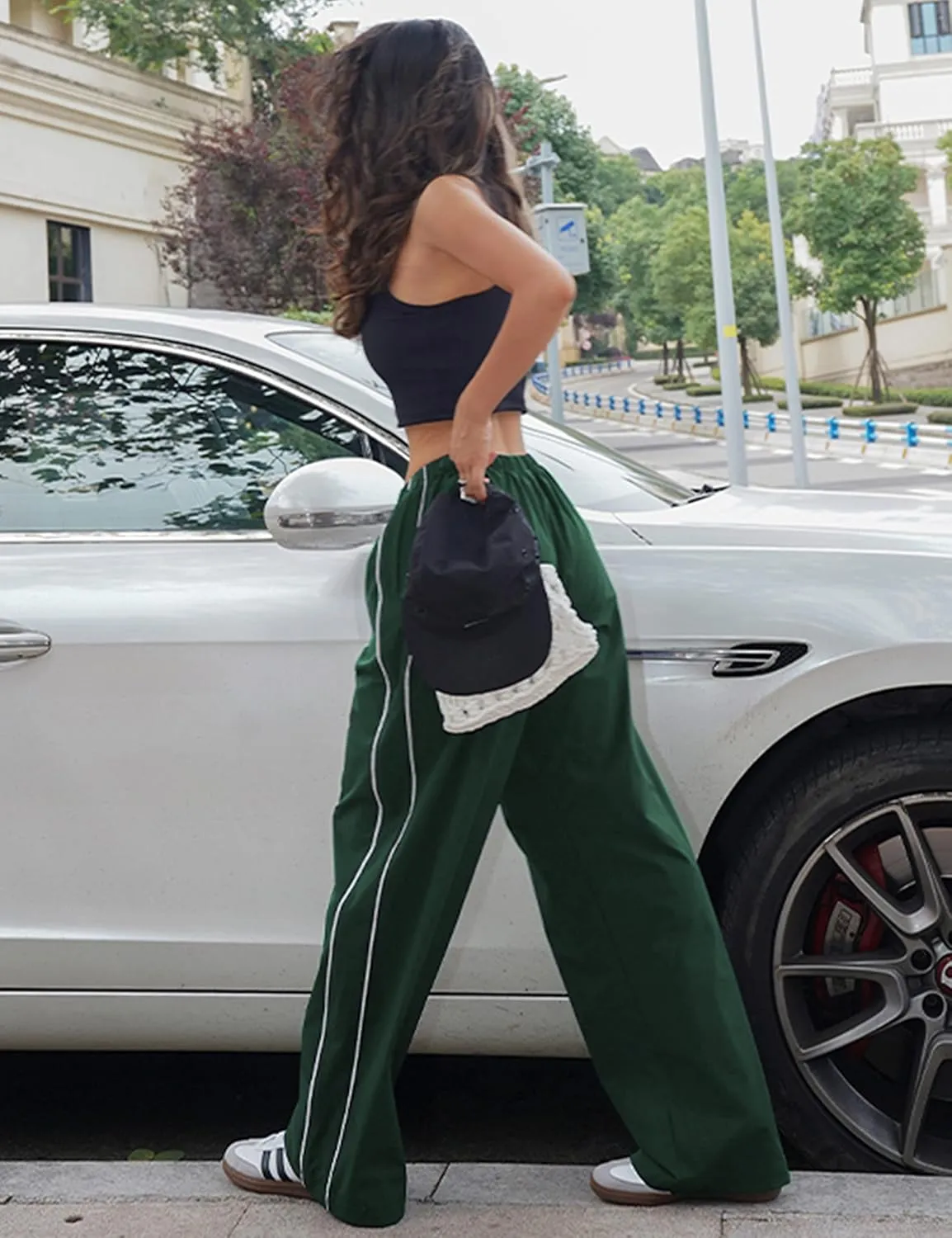 Springrain Womens Wide Leg Track Pants Slouchy Stripe Detail Jogger Sweatpants with Pockets