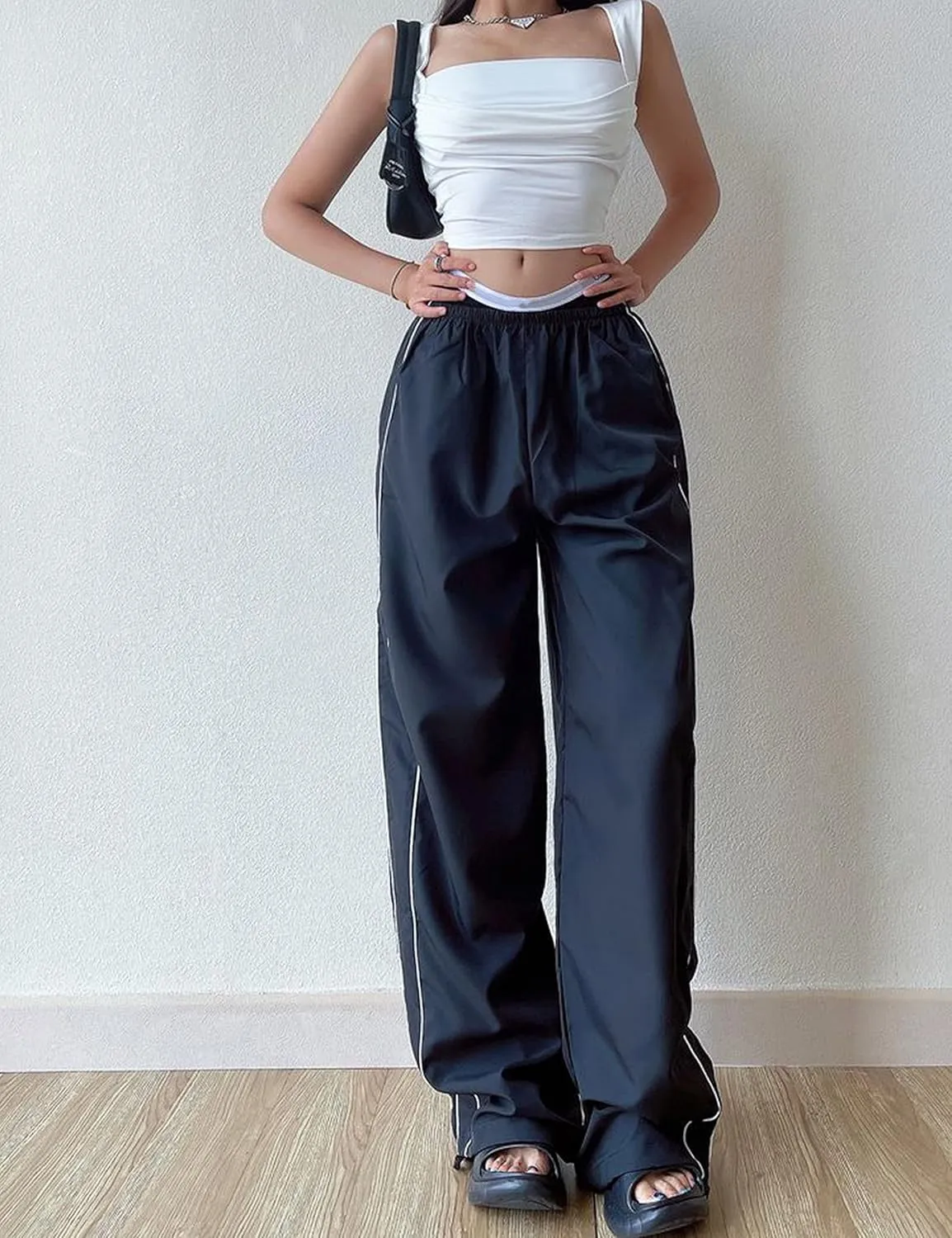 Springrain Womens Wide Leg Track Pants Slouchy Stripe Detail Jogger Sweatpants with Pockets