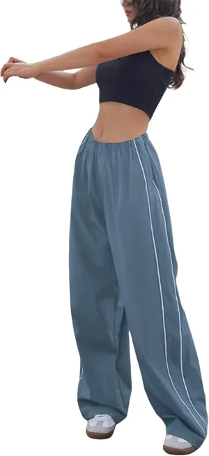 Springrain Womens Wide Leg Track Pants Slouchy Stripe Detail Jogger Sweatpants with Pockets