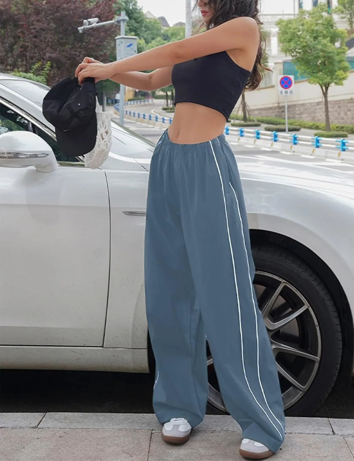 Springrain Womens Wide Leg Track Pants Slouchy Stripe Detail Jogger Sweatpants with Pockets