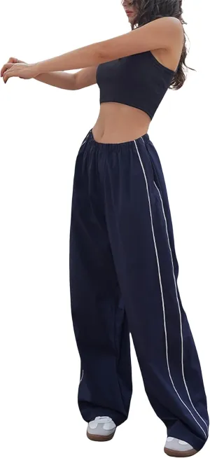 Springrain Womens Wide Leg Track Pants Slouchy Stripe Detail Jogger Sweatpants with Pockets