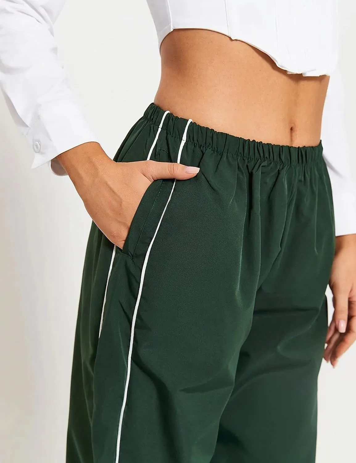 Springrain Womens Wide Leg Track Pants Slouchy Stripe Detail Jogger Sweatpants with Pockets