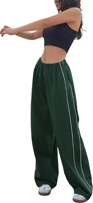 Springrain Womens Wide Leg Track Pants Slouchy Stripe Detail Jogger Sweatpants with Pockets