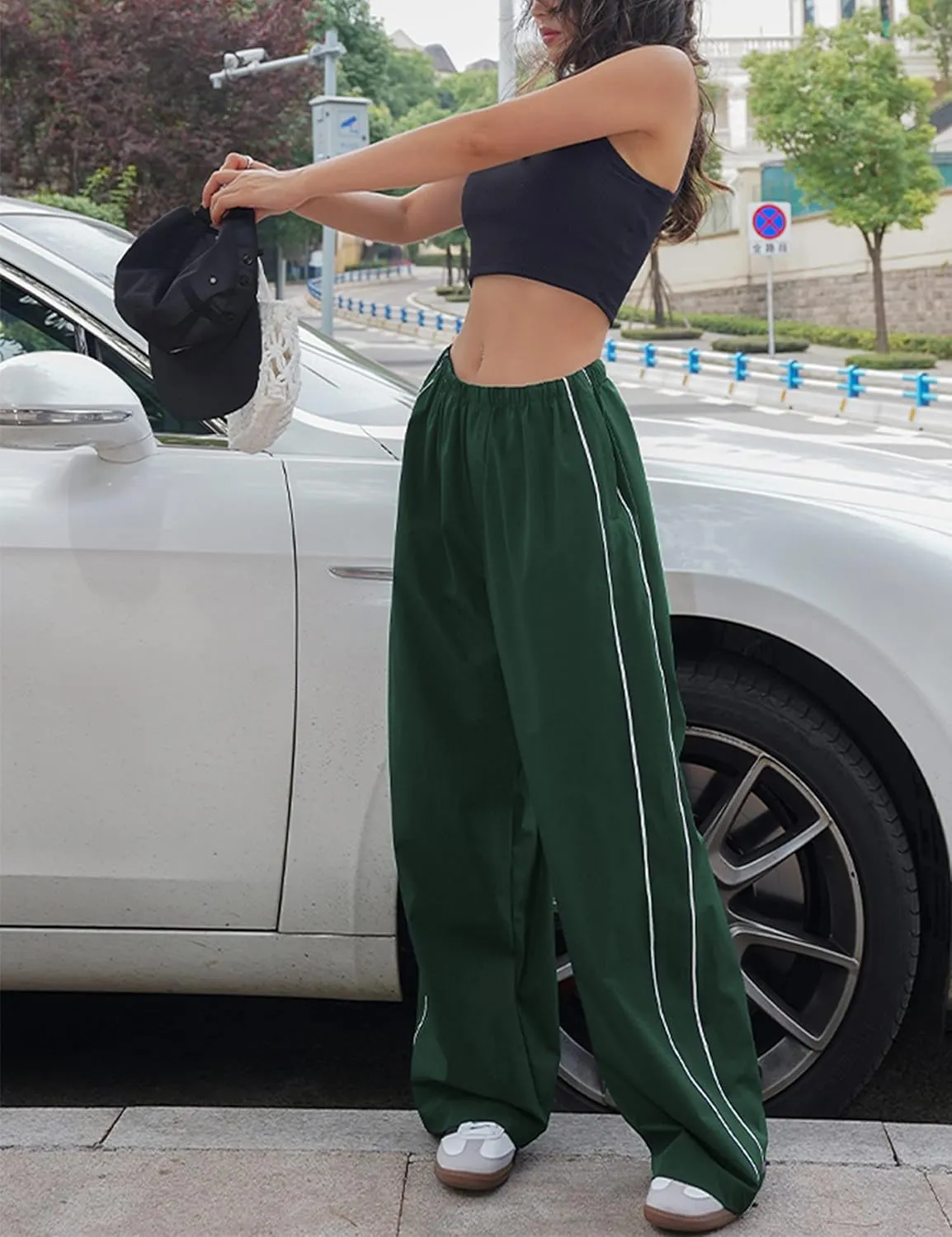 Springrain Womens Wide Leg Track Pants Slouchy Stripe Detail Jogger Sweatpants with Pockets