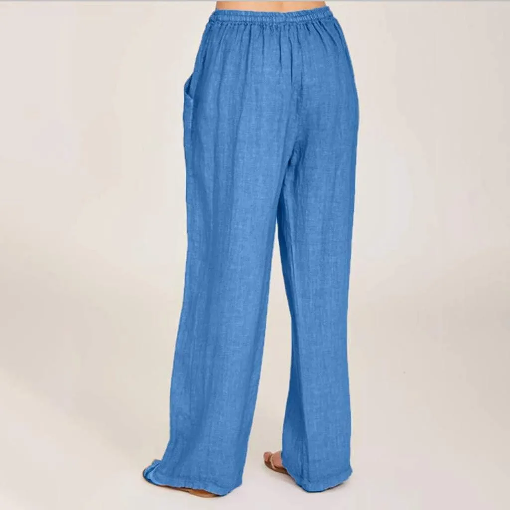 Straight Fit Linen Pants for Women Elastic Waist Trousers Loose Fit Comfort Pants Summer Pants with Pocket