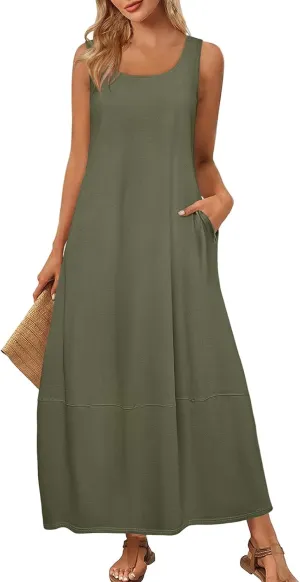 Summer Beach Round Neck Sleeveless Loose Vest Women's Casual Dress 2025 Solid Color Vacation Elegant Maxi Sundress