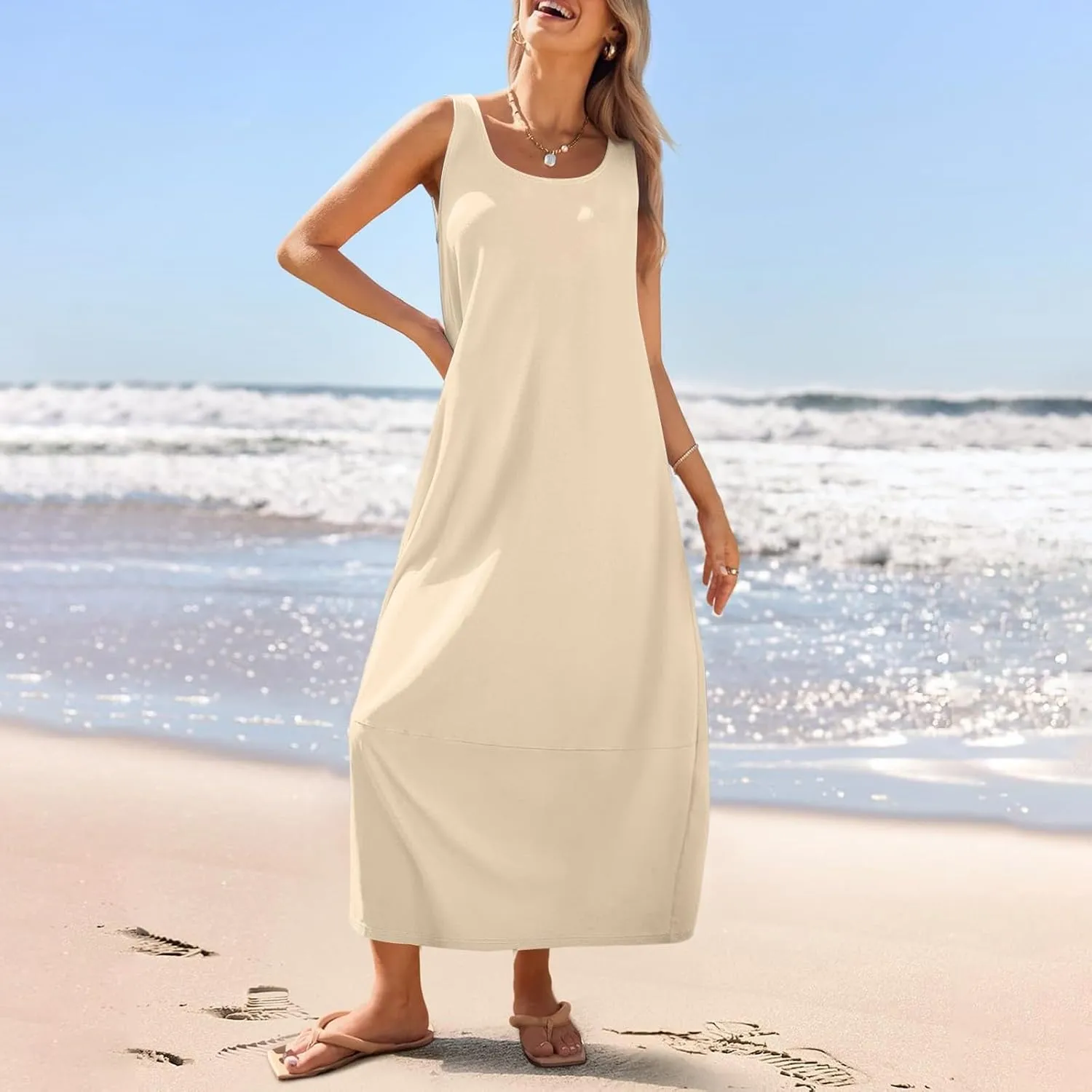 Summer Beach Round Neck Sleeveless Loose Vest Women's Casual Dress 2025 Solid Color Vacation Elegant Maxi Sundress