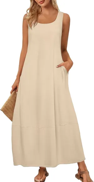 Summer Beach Round Neck Sleeveless Loose Vest Women's Casual Dress 2025 Solid Color Vacation Elegant Maxi Sundress