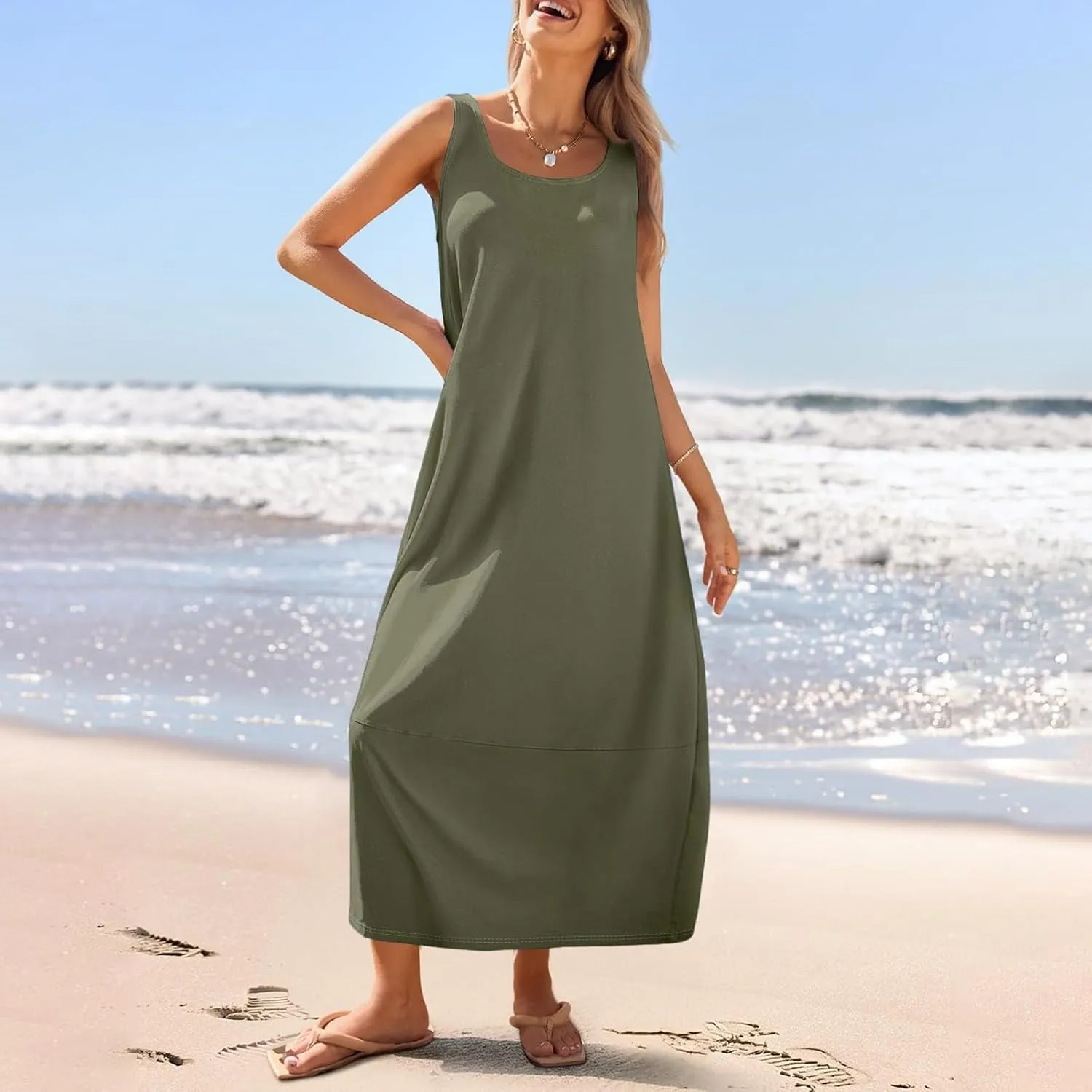 Summer Beach Round Neck Sleeveless Loose Vest Women's Casual Dress 2025 Solid Color Vacation Elegant Maxi Sundress