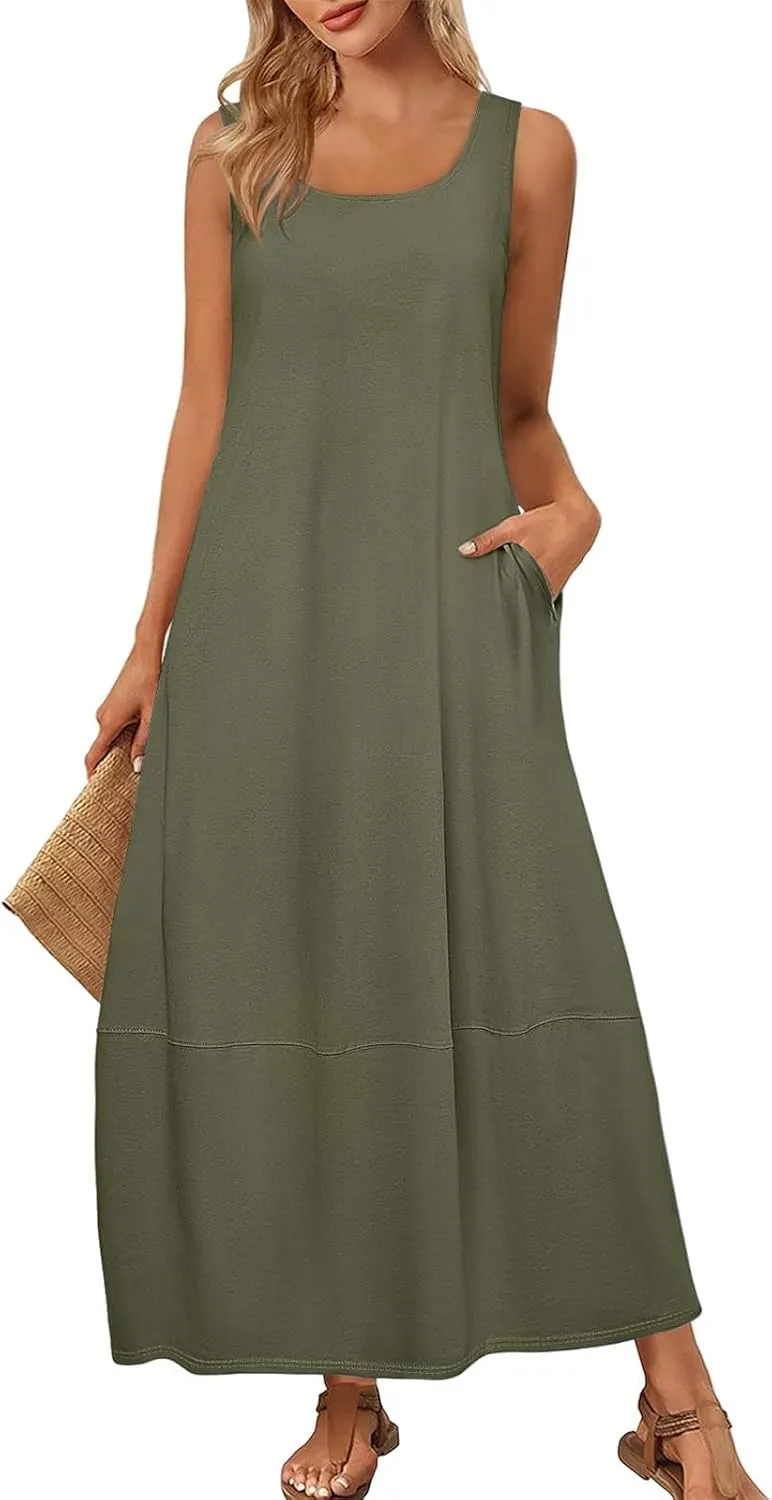 Summer Beach Round Neck Sleeveless Loose Vest Women's Casual Dress 2025 Solid Color Vacation Elegant Maxi Sundress