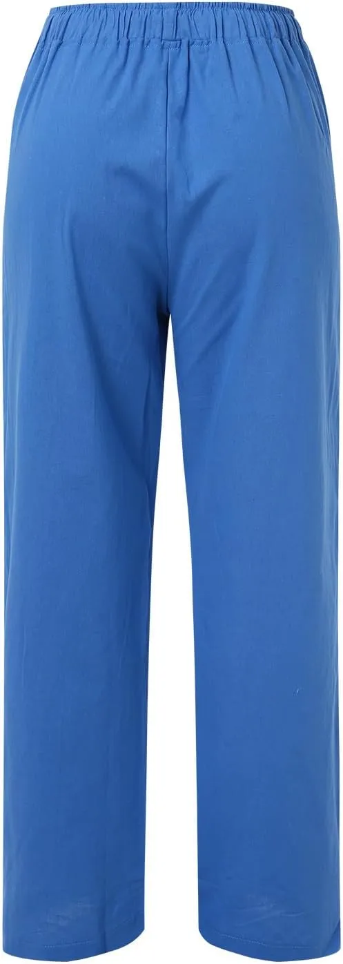 Summer Linen Pants for Womens 2025 Wide Leg Baggy Drawstring Elastic Waisted Palazzo Harem Trousers with Pockets