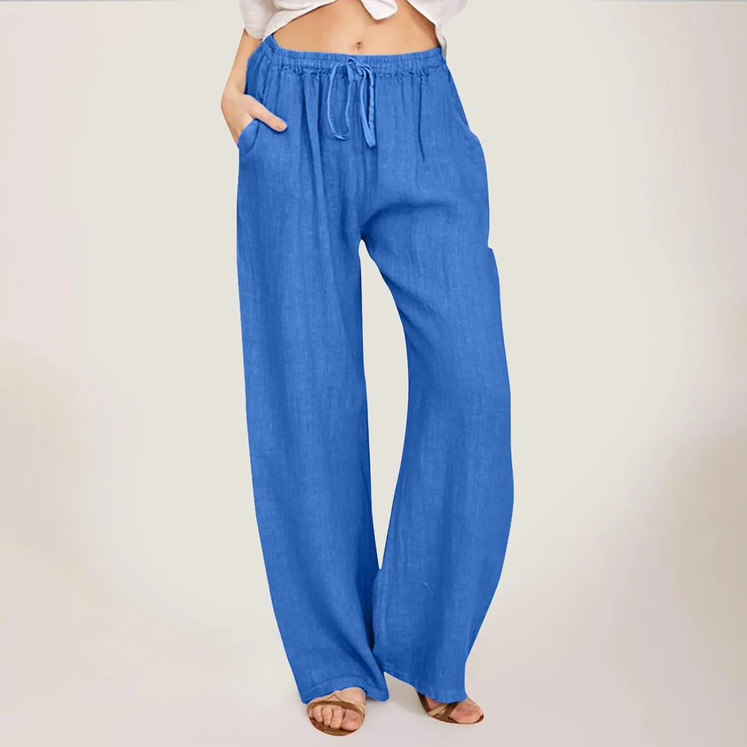 Summer Linen Pants for Womens 2025 Wide Leg Baggy Drawstring Elastic Waisted Palazzo Harem Trousers with Pockets