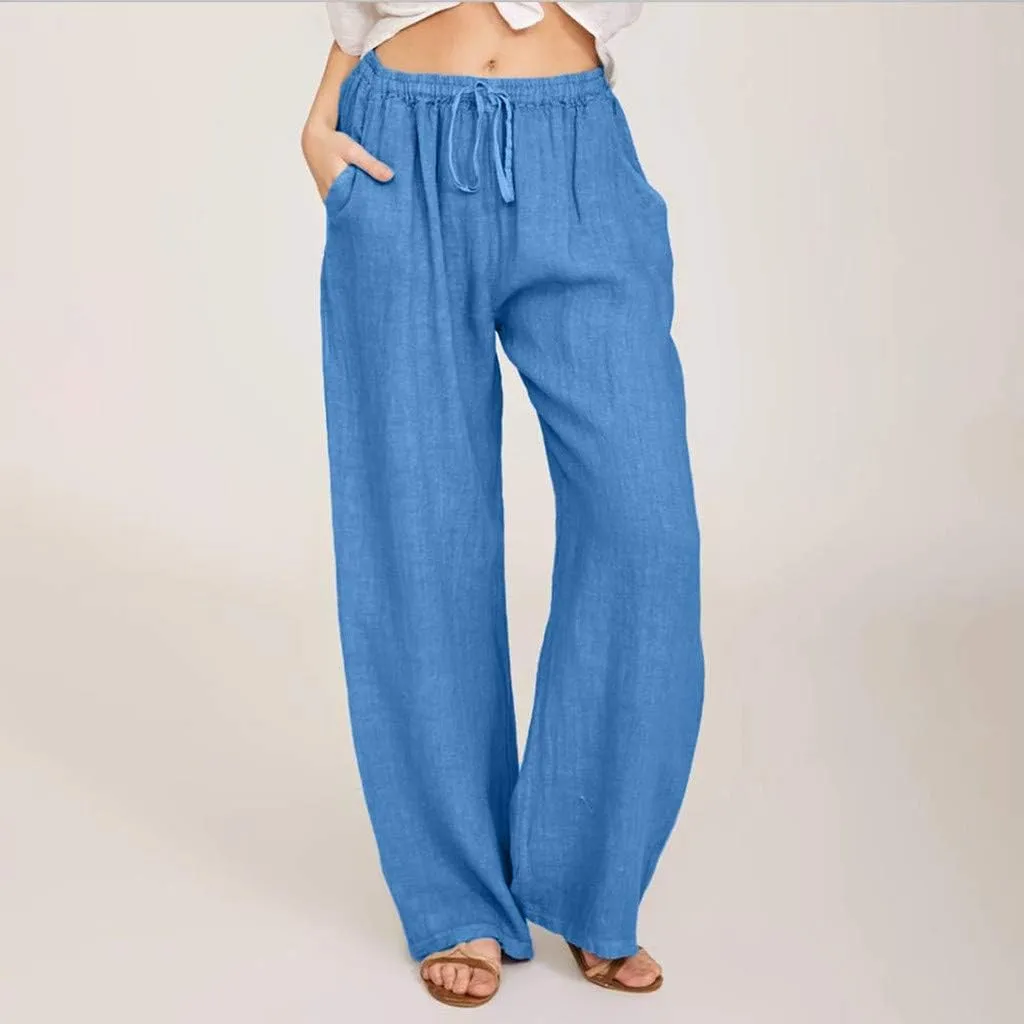 Summer Pants for Women Solid Color Casual Cotton Linen Pants 2025 Vacation Outfits Baggy Drawstring Trousers