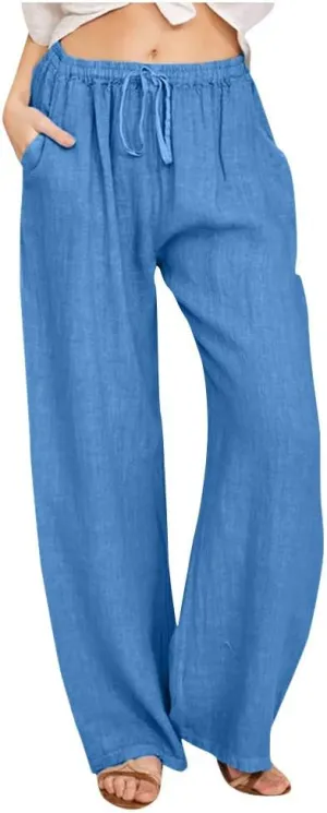 Summer Pants for Women Solid Color Casual Cotton Linen Pants 2025 Vacation Outfits Baggy Drawstring Trousers