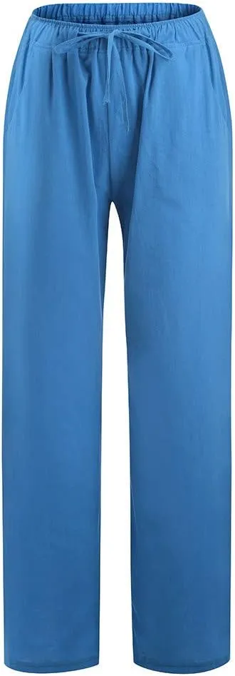 Summer Pants for Women Solid Color Casual Cotton Linen Pants 2025 Vacation Outfits Baggy Drawstring Trousers