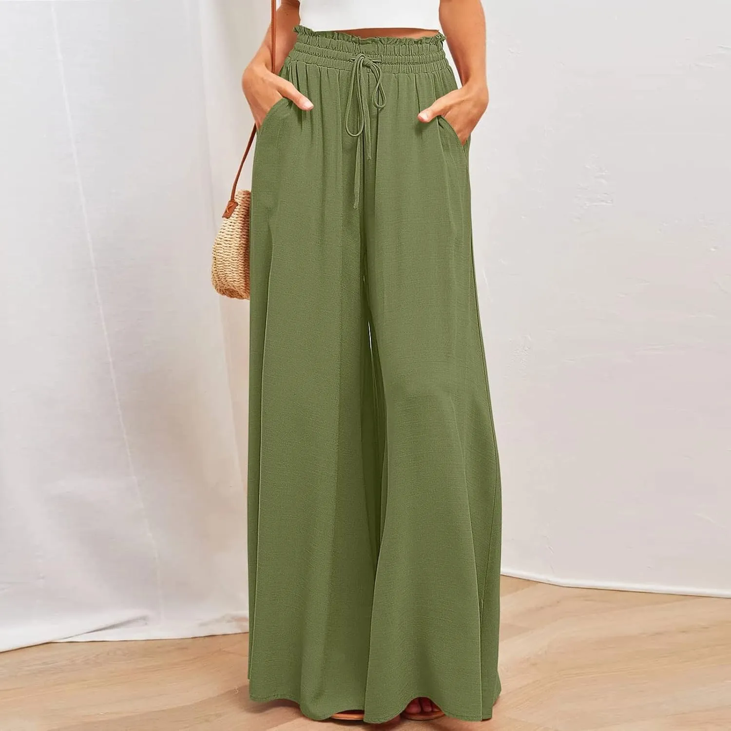 Summer Pants for Women Wide Leg Elastic Waisted Chiffon Baggy Flowy Long Lounge Trousers Vacation Pant with Pockets