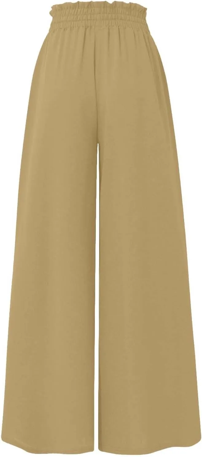 Summer Pants for Women Wide Leg Elastic Waisted Chiffon Baggy Flowy Long Lounge Trousers Vacation Pant with Pockets