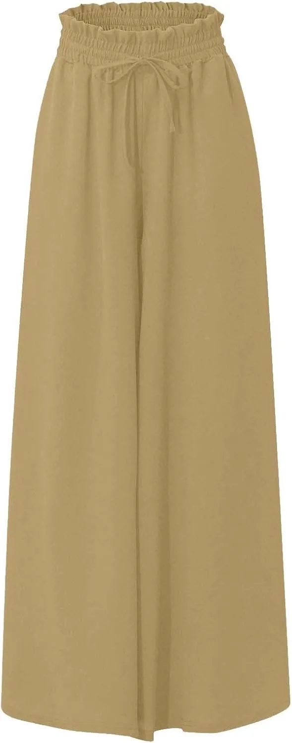 Summer Pants for Women Wide Leg Elastic Waisted Chiffon Baggy Flowy Long Lounge Trousers Vacation Pant with Pockets