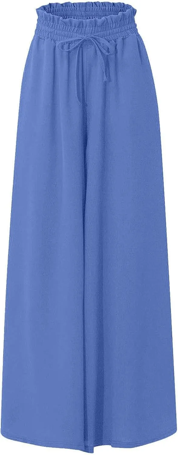 Summer Pants for Women Wide Leg Elastic Waisted Chiffon Baggy Flowy Long Lounge Trousers Vacation Pant with Pockets
