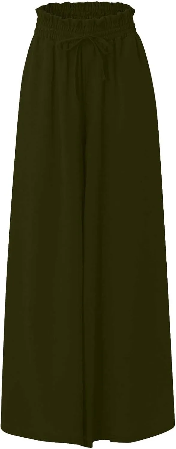 Summer Pants for Women Wide Leg Elastic Waisted Chiffon Baggy Flowy Long Lounge Trousers Vacation Pant with Pockets