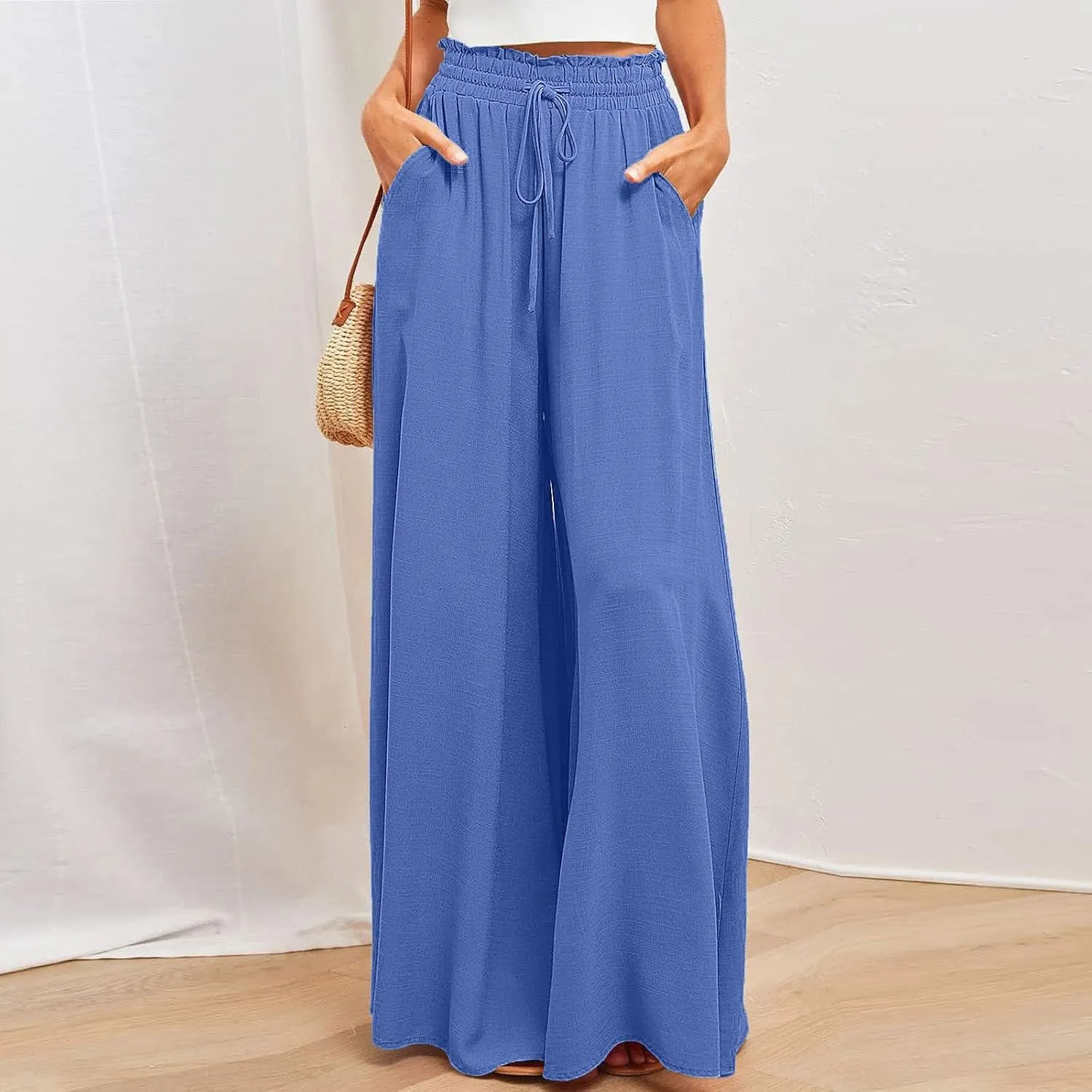 Summer Pants for Women Wide Leg Elastic Waisted Chiffon Baggy Flowy Long Lounge Trousers Vacation Pant with Pockets