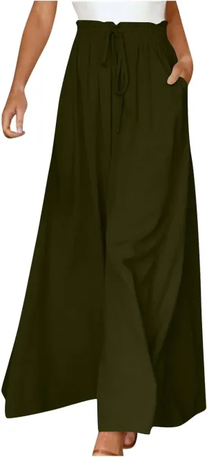 Summer Pants for Women Wide Leg Elastic Waisted Chiffon Baggy Flowy Long Lounge Trousers Vacation Pant with Pockets