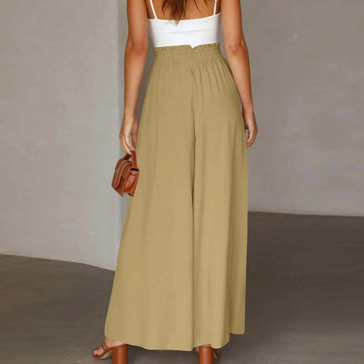 Summer Pants for Women Wide Leg Elastic Waisted Chiffon Baggy Flowy Long Lounge Trousers Vacation Pant with Pockets