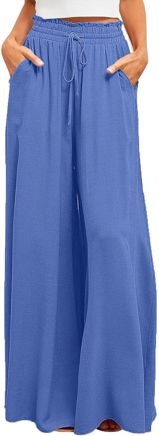 Summer Pants for Women Wide Leg Elastic Waisted Chiffon Baggy Flowy Long Lounge Trousers Vacation Pant with Pockets