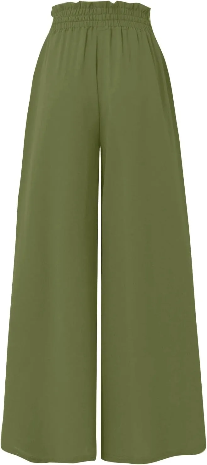Summer Pants for Women Wide Leg Elastic Waisted Chiffon Baggy Flowy Long Lounge Trousers Vacation Pant with Pockets