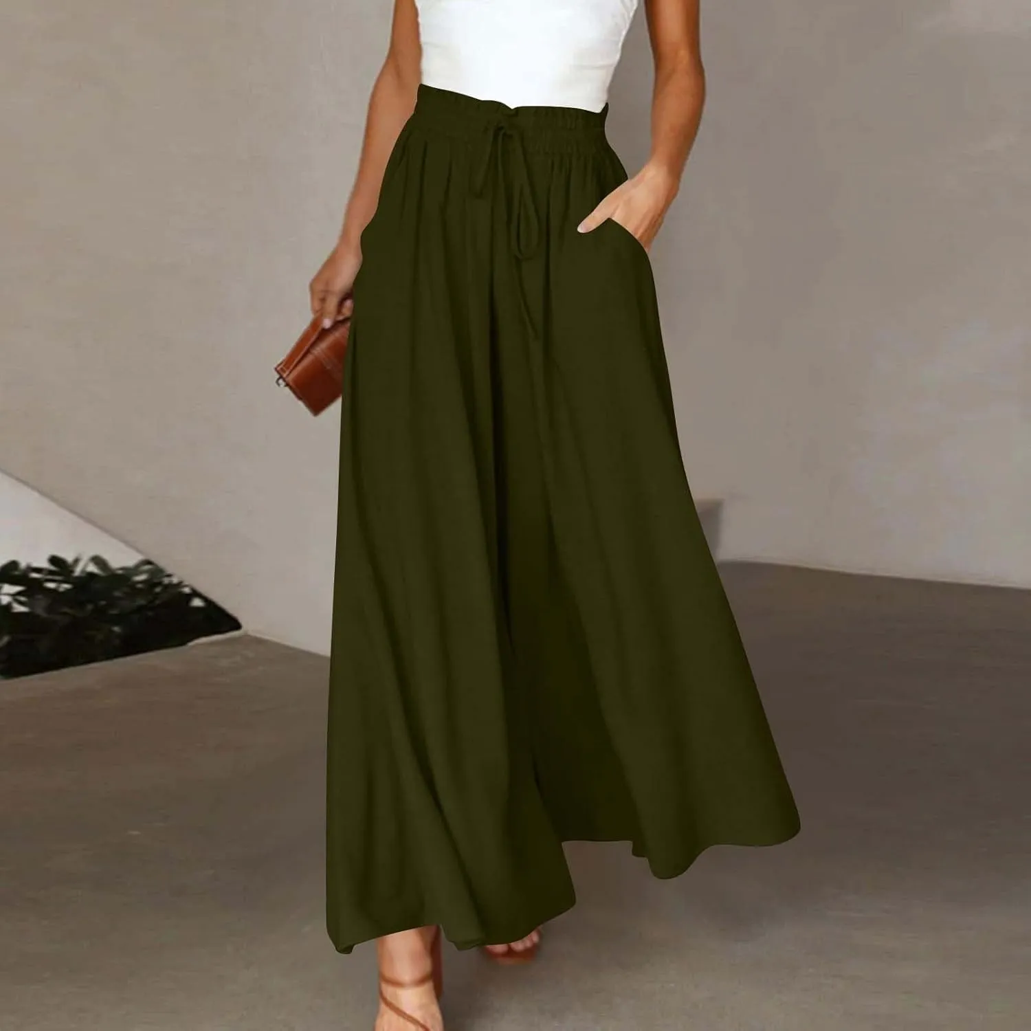 Summer Pants for Women Wide Leg Elastic Waisted Chiffon Baggy Flowy Long Lounge Trousers Vacation Pant with Pockets