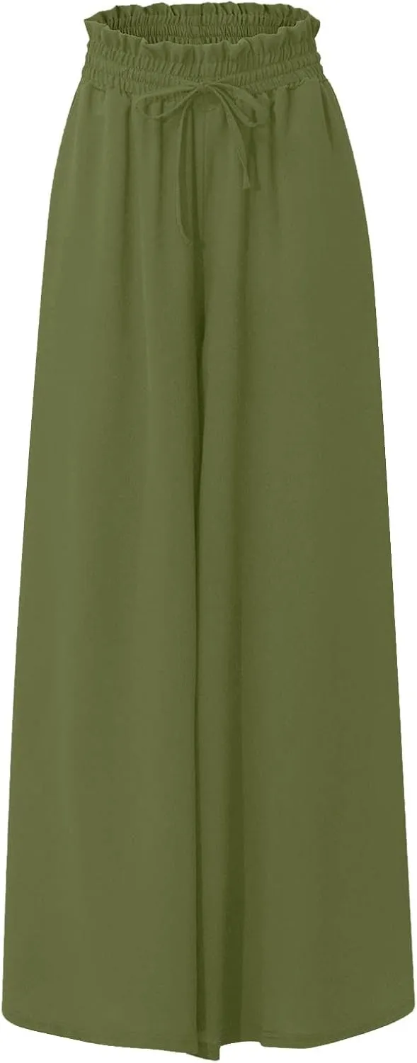 Summer Pants for Women Wide Leg Elastic Waisted Chiffon Baggy Flowy Long Lounge Trousers Vacation Pant with Pockets