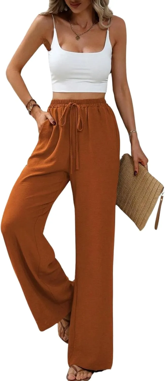 Summer Women's Casual Palazzo Pants Elastic High Waisted Trendy Flowy Wide Leg Beach Trousers with Pockets