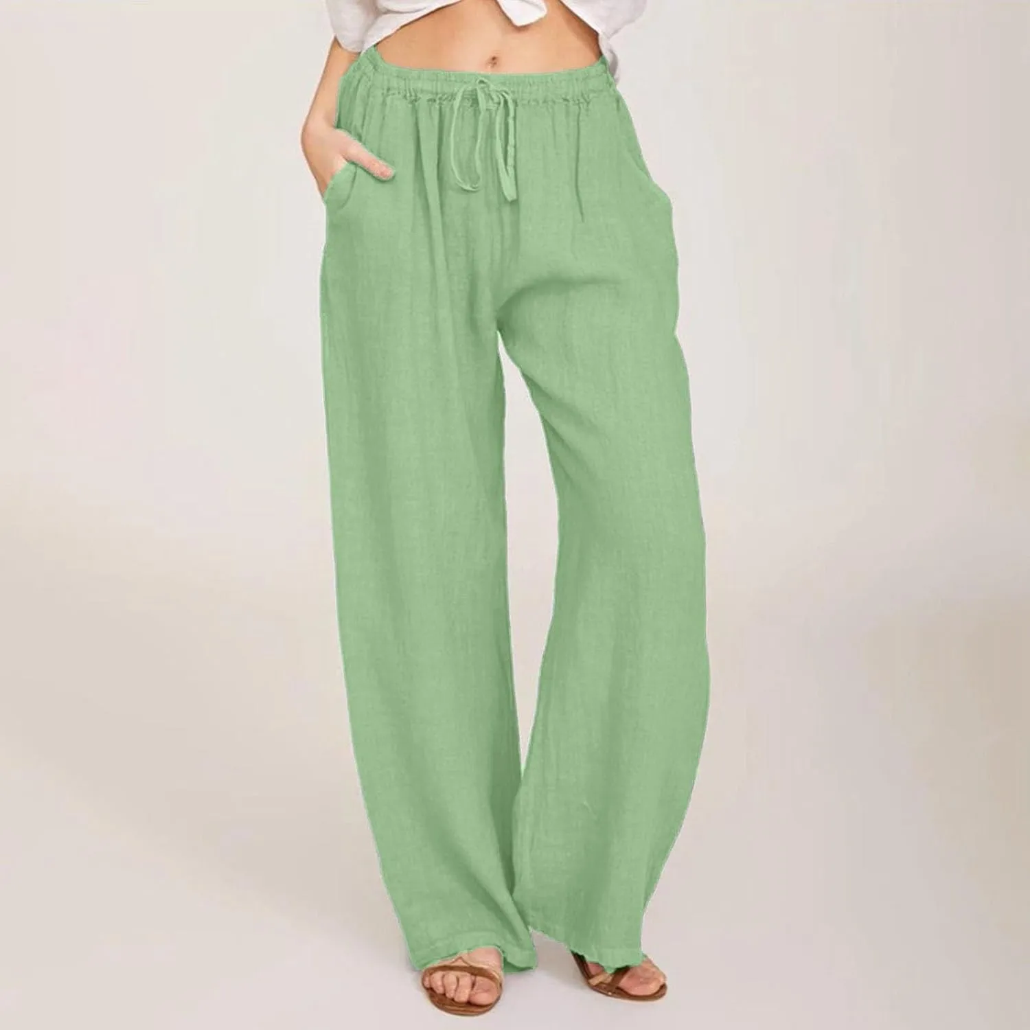Sweatpants Women Cargo High Waisted,Pants Waist, Cotton Linen Wide Leg Trousers with Pockets Petite