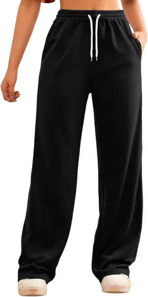 Sweatpants Women Casual Baggy Straight Pants Wide Leg Loose Elastic Waist Drawstring Dressy Trousers