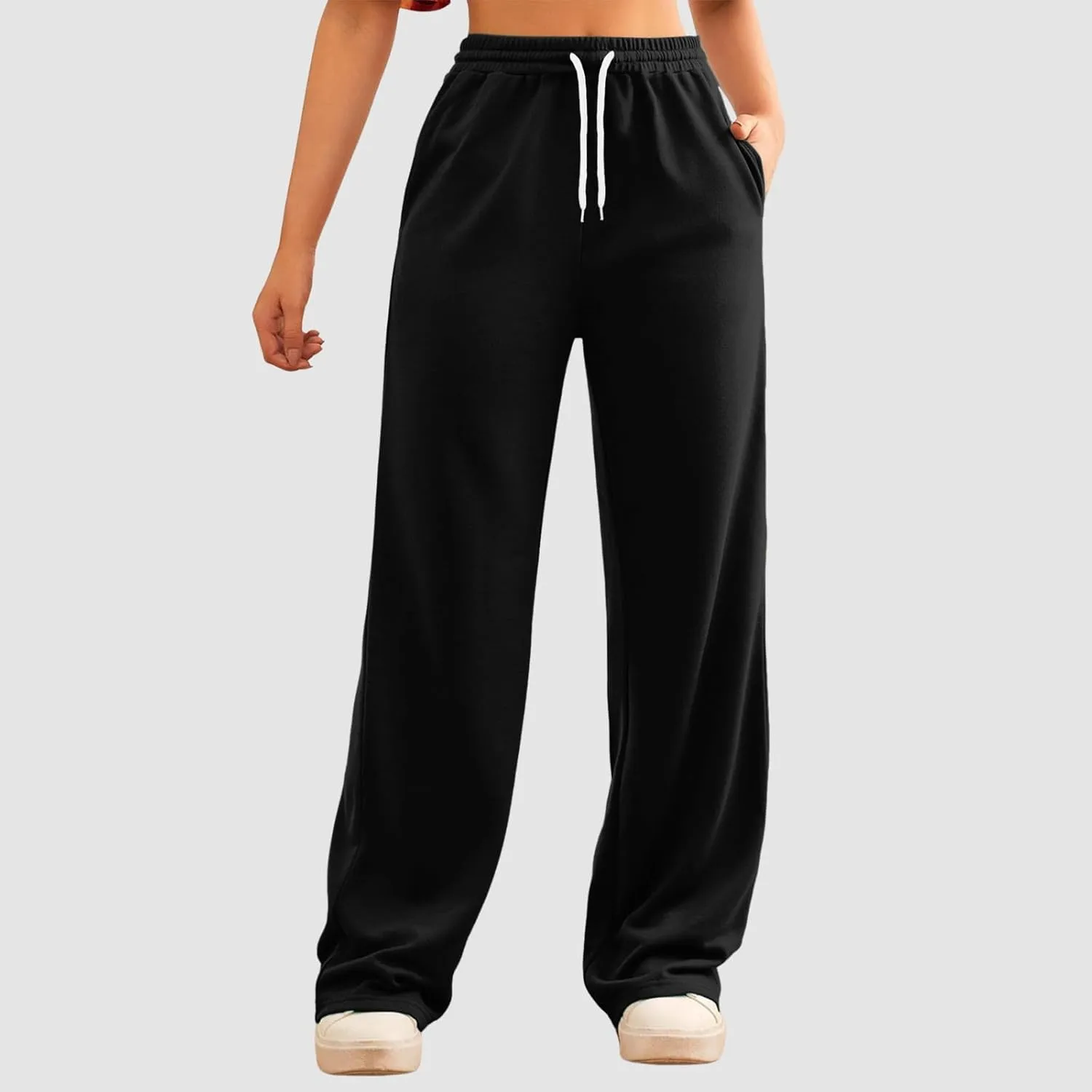 Sweatpants Women Casual Baggy Straight Pants Wide Leg Loose Elastic Waist Drawstring Dressy Trousers
