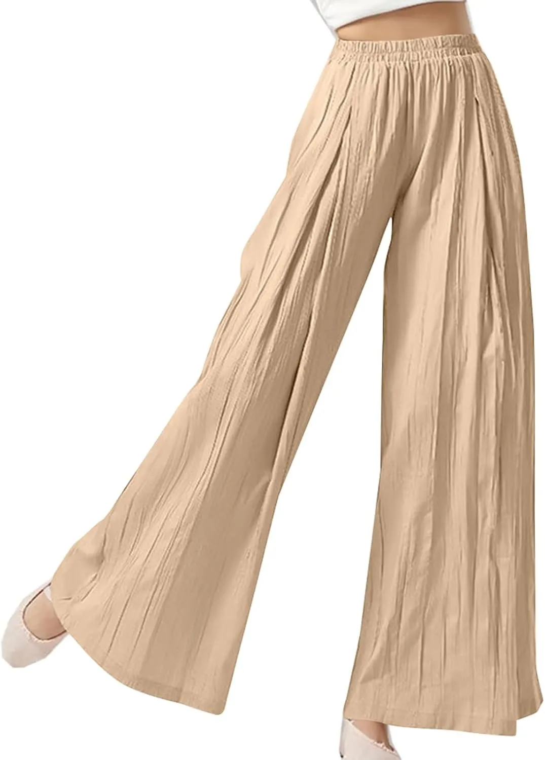 Sweatpants Women Pleated Wide Leg Pants with Pockets Casual Elastic Waist Cotton Linen Straight Leg Pants