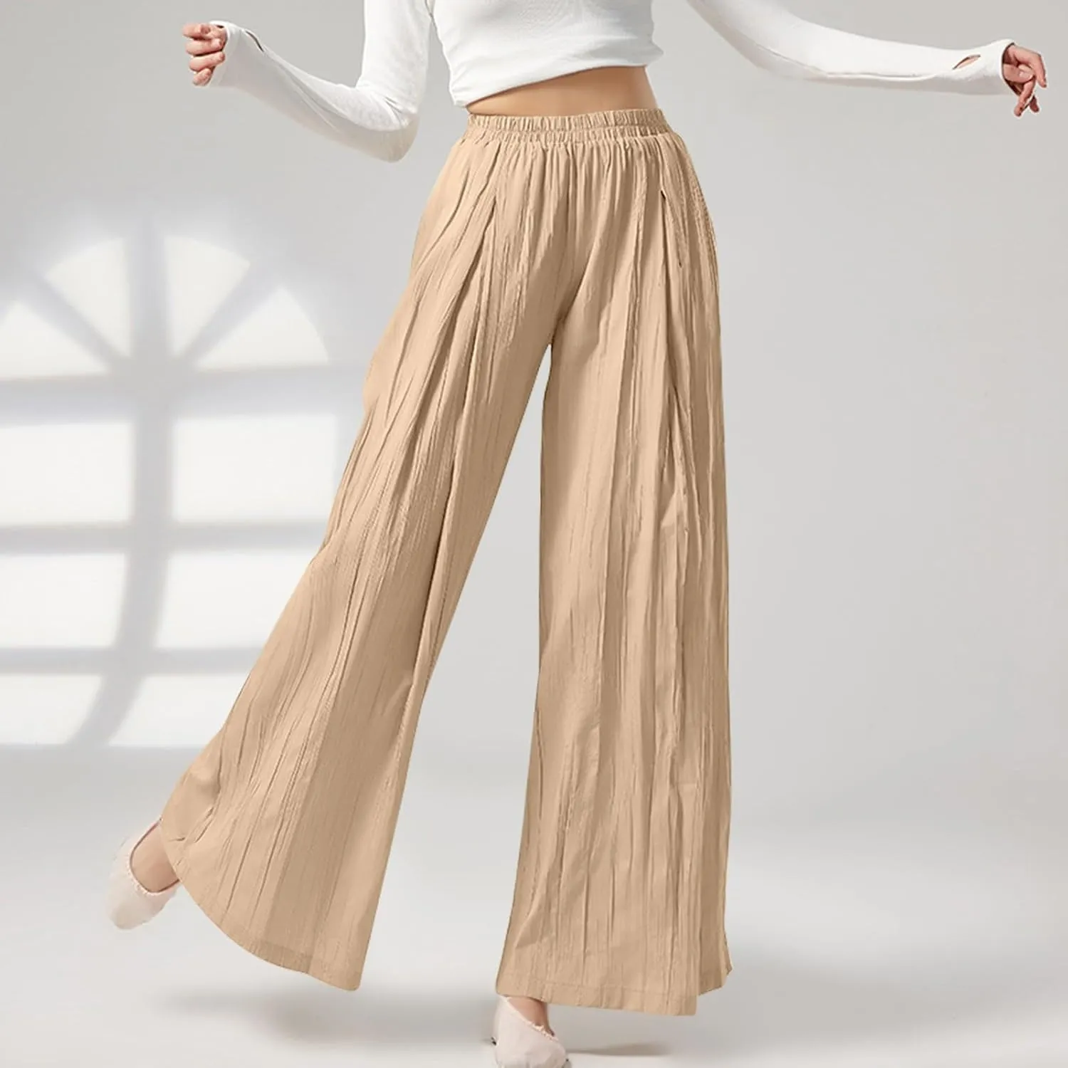 Sweatpants Women Pleated Wide Leg Pants with Pockets Casual Elastic Waist Cotton Linen Straight Leg Pants
