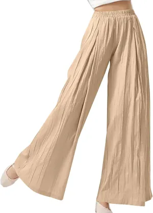 Sweatpants Women Pleated Wide Leg Pants with Pockets Casual Elastic Waist Cotton Linen Straight Leg Pants