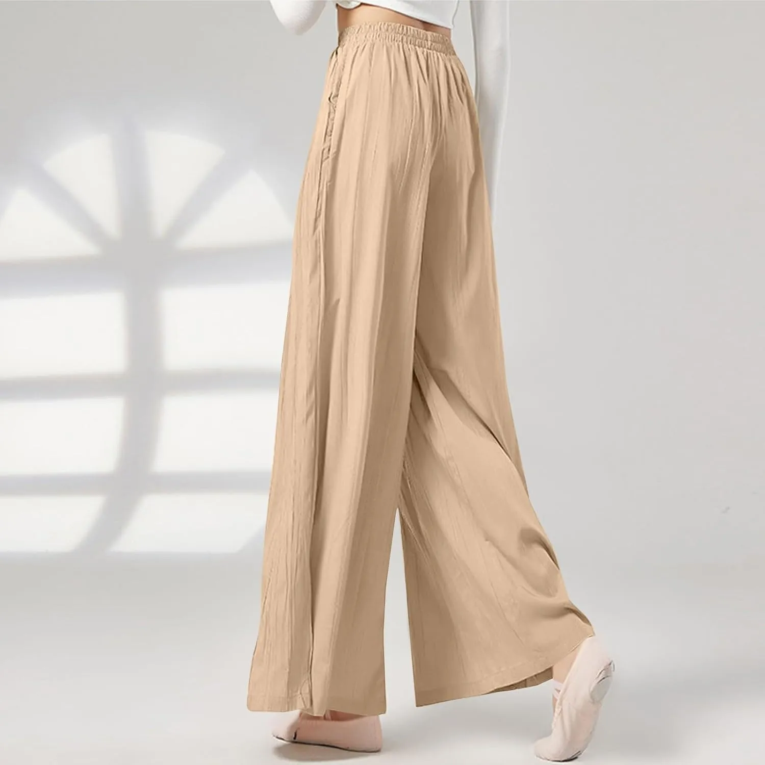 Sweatpants Women Pleated Wide Leg Pants with Pockets Casual Elastic Waist Cotton Linen Straight Leg Pants